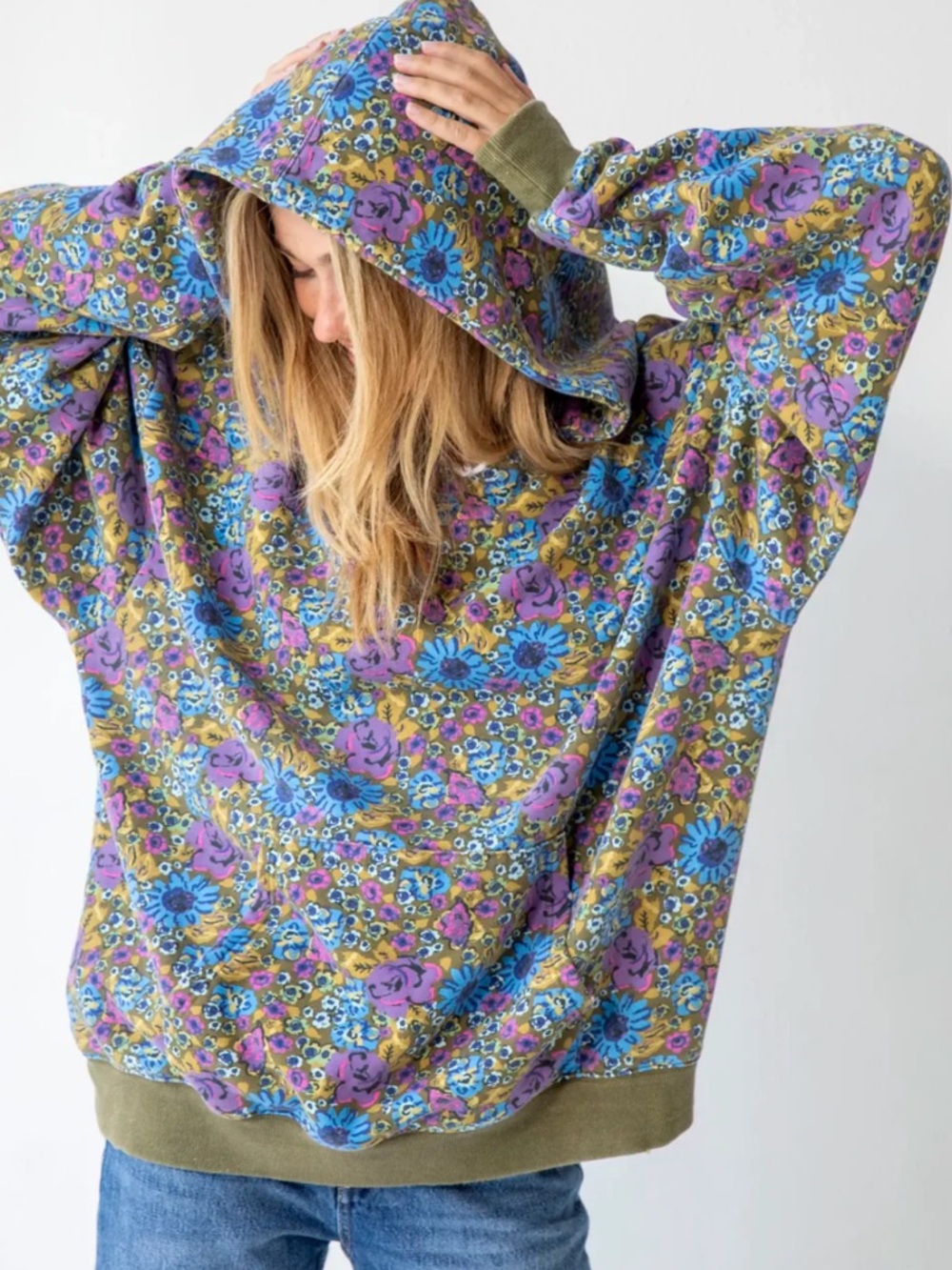 Natural Life Womens Oversized Printed Hoodie Blue Purple Daisy Floral Print S/M